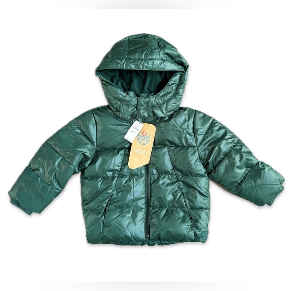 NWT Baby Gap Puffer Jacket with Removable Hood Green Toddler 3 Kids Boys Girls